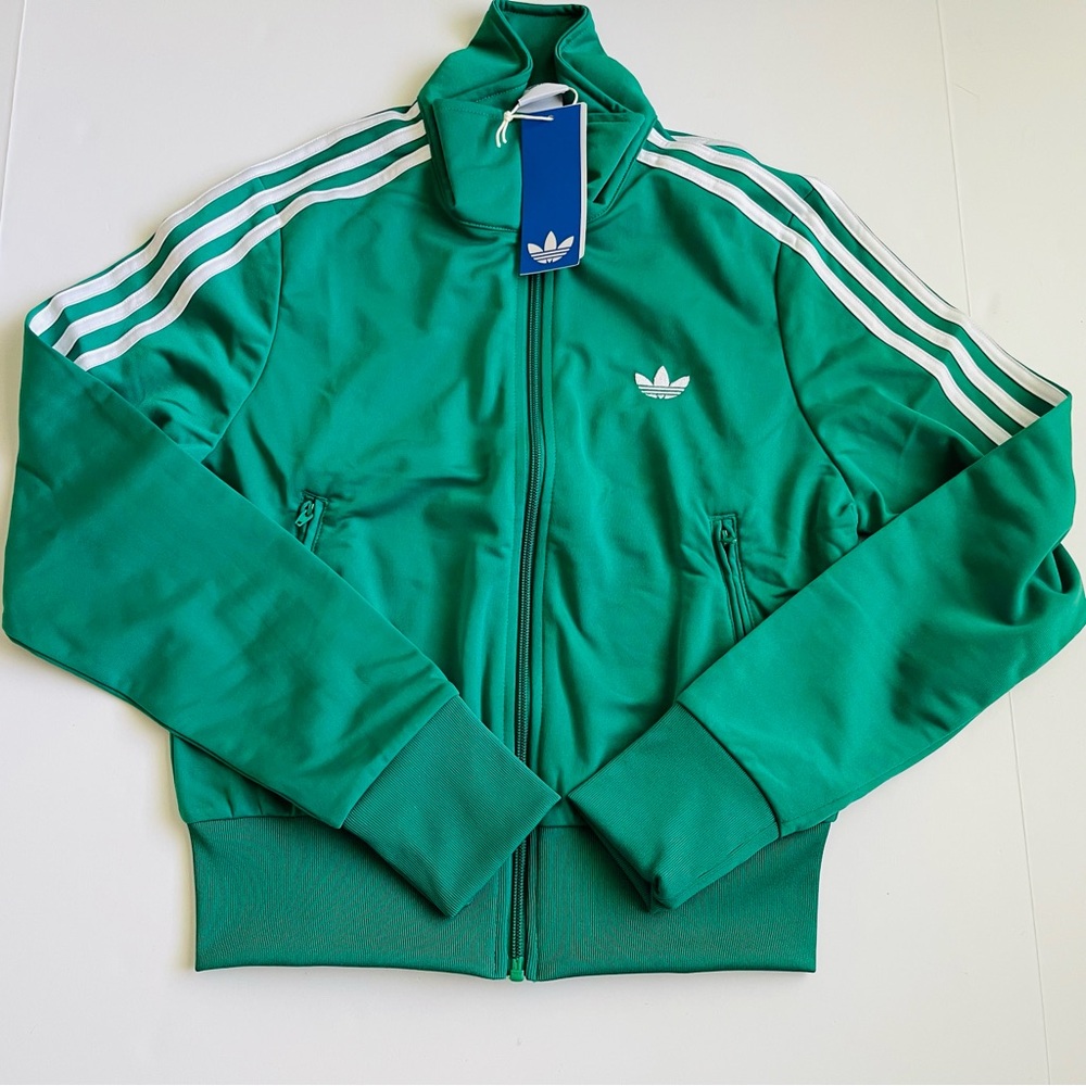 Adidas Originals Women's Green Track Jacket with White Stripes